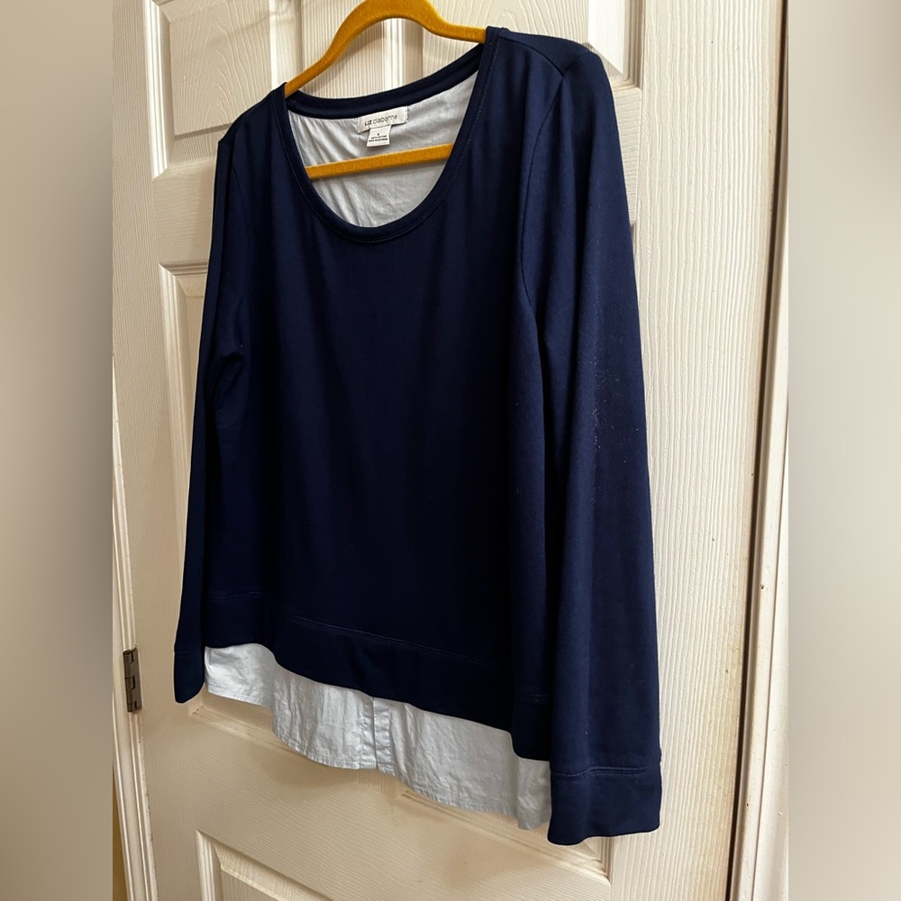 Liz Claiborne~Navy ~Blue Long Sleeve Top with  light blue Layer~Lg - Picture 3 of 9